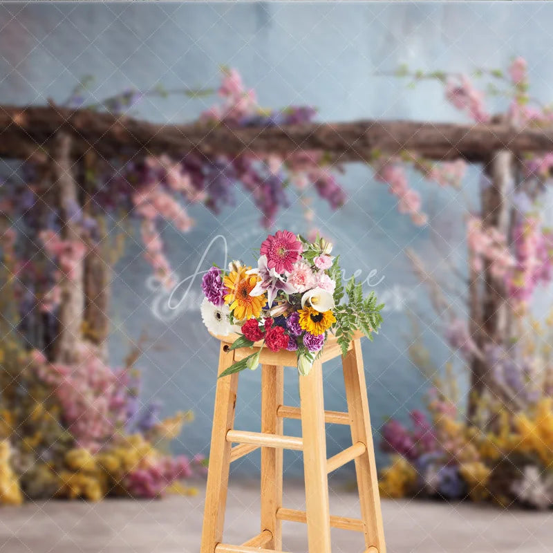 Aperturee - Aperturee Rustic Wooden Arch Photography Backdrop with Spring Flowers Fine Art Painterly Enchanted Garden Background