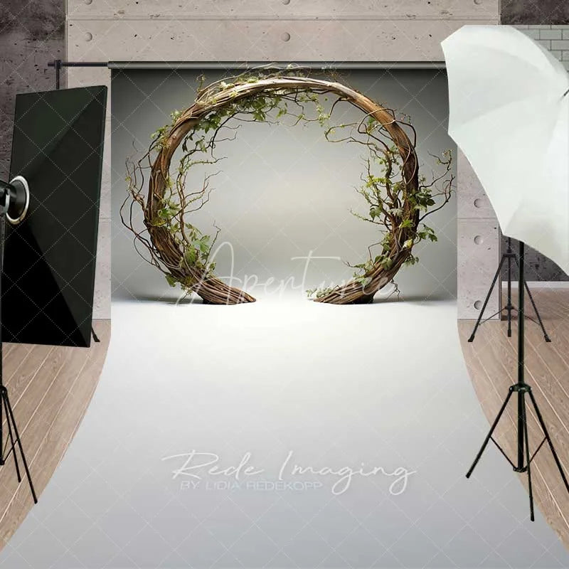 Aperturee - Aperturee Rustic Wooden Arch Sweep Photo Backdrop Round Twig Greenery Wedding Background Simple Boho Ring Floor Prop