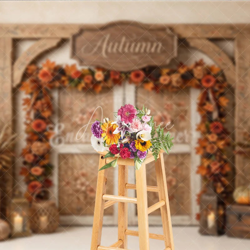 Aperturee - Aperturee Rustic Wooden Archway Autumn Photography Backdrop with Double Doors Fall Leaves and Pumpkins Decor