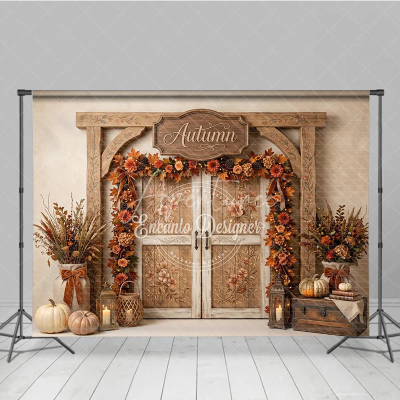 Aperturee - Aperturee Rustic Wooden Archway Autumn Photography Backdrop with Double Doors Fall Leaves and Pumpkins Decor