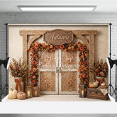 Aperturee - Aperturee Rustic Wooden Archway Autumn Photography Backdrop with Double Doors Fall Leaves and Pumpkins Decor