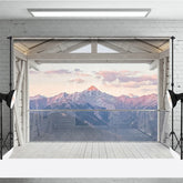 Aperturee - Aperturee Rustic Wooden Balcony and Mountain Range Photography Backdrop Serene Sunset Sky View for Professional Studio