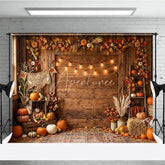Aperturee - Aperturee Rustic Wooden Barn Autumn Pumpkin Patch Photography Backdrop with String Lights Fall Harvest Decor