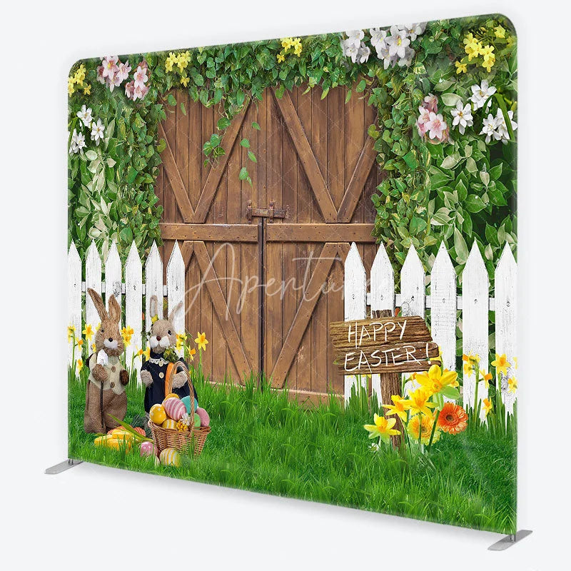 Aperturee - Aperturee Rustic Wooden Barn Door and Picket Fence Square Double-Sided Backdrop Happy Easter Bunnies and Colorful Eggs