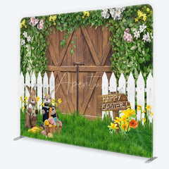 Aperturee - Aperturee Rustic Wooden Barn Door and Picket Fence Square Double-Sided Backdrop Happy Easter Bunnies and Colorful Eggs