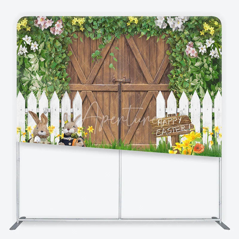 Aperturee - Aperturee Rustic Wooden Barn Door and Picket Fence Square Double-Sided Backdrop Happy Easter Bunnies and Colorful Eggs