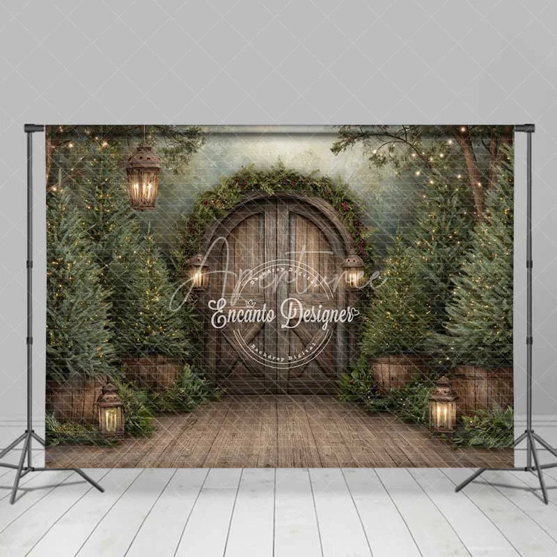 Aperturee - Aperturee Rustic Wooden Barn Door Christmas Backdrop Winter Farmhouse Porch Photography Background