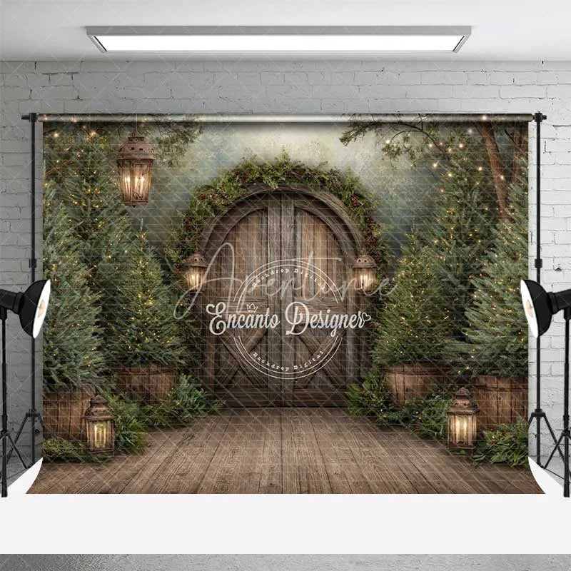 Aperturee - Aperturee Rustic Wooden Barn Door Christmas Backdrop Winter Farmhouse Porch Photography Background