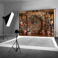 Aperturee - Aperturee Rustic Wooden Barn Door Holiday Backdrop with Christmas Trees Nutcrackers and Feliz Natal Sign for Festive Parties