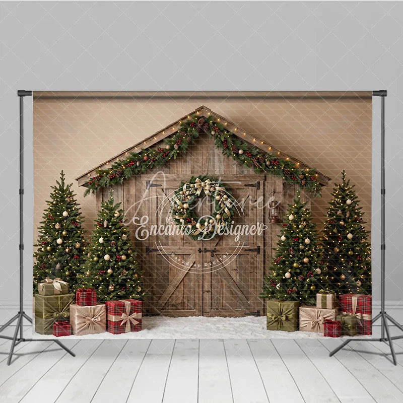 Aperturee - Aperturee Rustic Wooden Barn Door Holiday Backdrop with Christmas Trees Wreath Garland and Gifts Winter Festive Decor