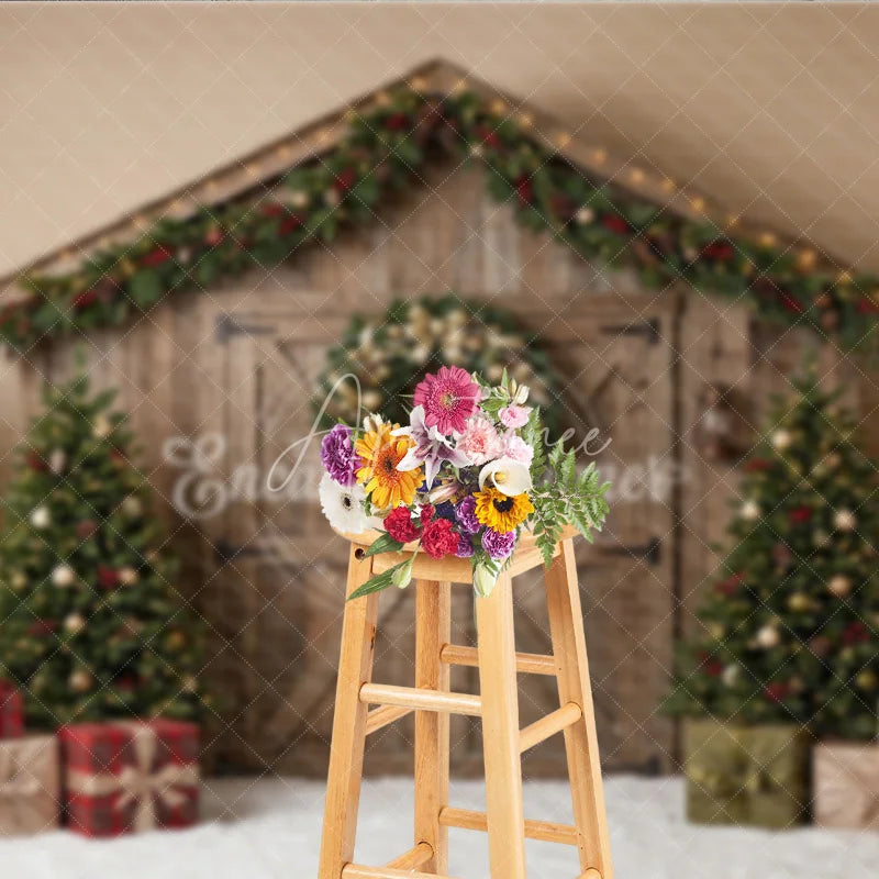 Aperturee - Aperturee Rustic Wooden Barn Door Holiday Backdrop with Christmas Trees Wreath Garland and Gifts Winter Festive Decor