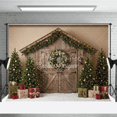 Aperturee - Aperturee Rustic Wooden Barn Door Holiday Backdrop with Christmas Trees Wreath Garland and Gifts Winter Festive Decor