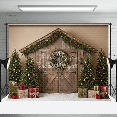 Aperturee - Aperturee Rustic Wooden Barn Door Holiday Backdrop with Christmas Trees Wreath Garland and Gifts Winter Festive Decor
