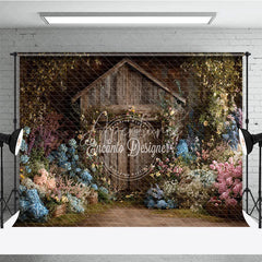 Aperturee - Aperturee Rustic Wooden Barn Door Photography Backdrop Enchanted Garden with Colorful Floral and Lush Greenery