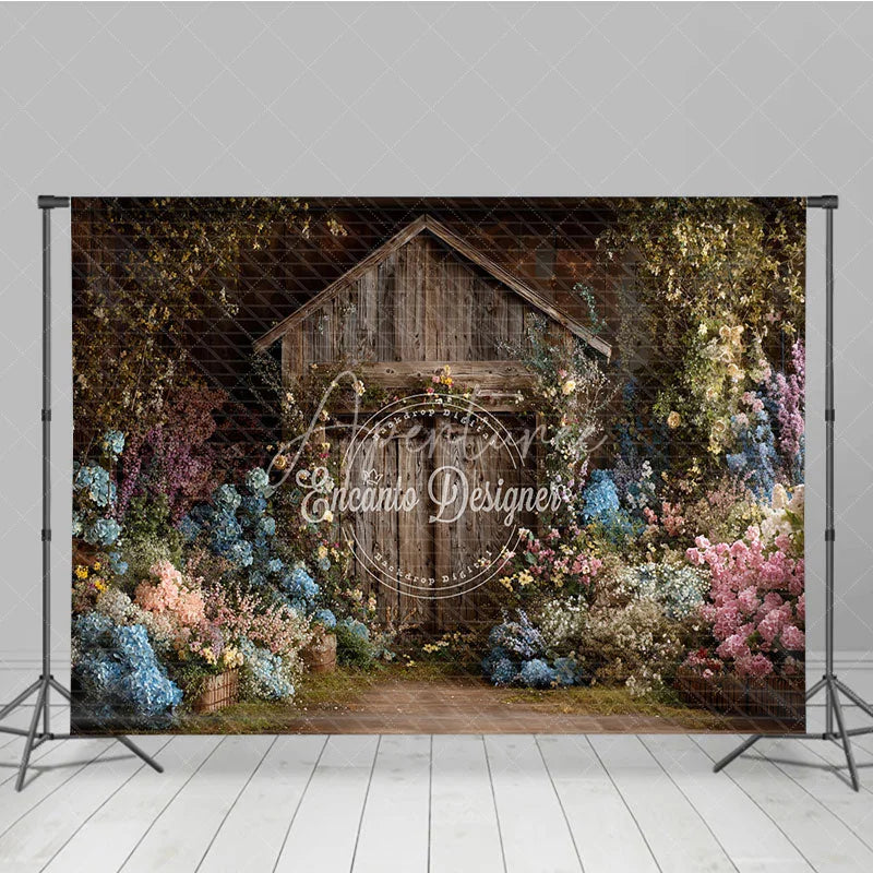 Aperturee - Aperturee Rustic Wooden Barn Door Photography Backdrop Enchanted Garden with Colorful Floral and Lush Greenery