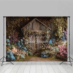 Aperturee - Aperturee Rustic Wooden Barn Door Photography Backdrop Enchanted Garden with Colorful Floral and Lush Greenery
