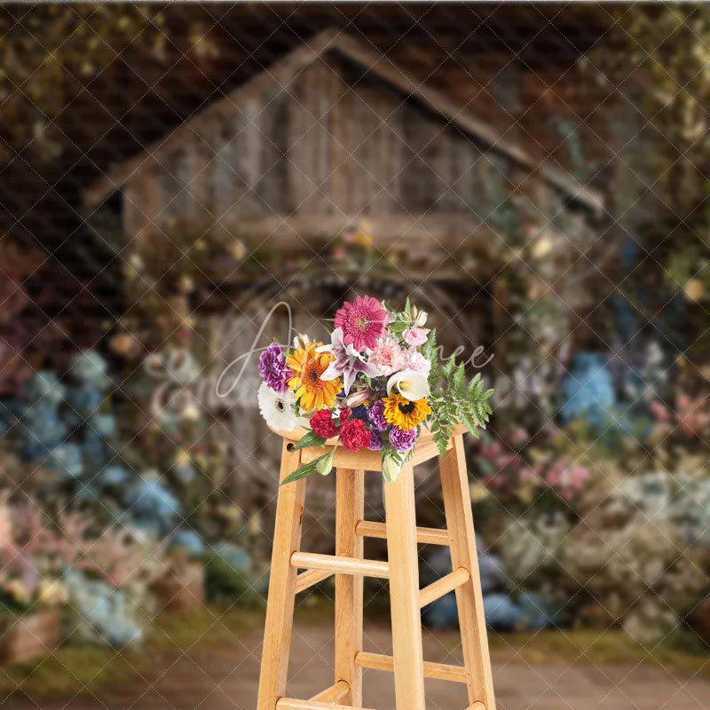 Aperturee - Aperturee Rustic Wooden Barn Door Photography Backdrop Enchanted Garden with Colorful Floral and Lush Greenery