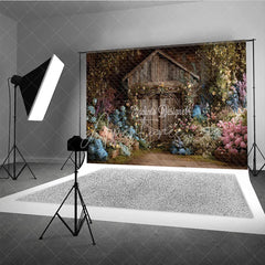 Aperturee - Aperturee Rustic Wooden Barn Door Photography Backdrop Enchanted Garden with Colorful Floral and Lush Greenery