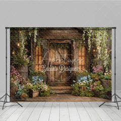 Aperturee - Aperturee Rustic Wooden Barn Door Photography Backdrop Lush Floral Enchanted Garden Vines Perfect for Fairy Tale Photo Shoots
