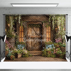 Aperturee - Aperturee Rustic Wooden Barn Door Photography Backdrop Lush Floral Enchanted Garden Vines Perfect for Fairy Tale Photo Shoots