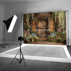 Aperturee - Aperturee Rustic Wooden Barn Door Photography Backdrop Lush Floral Enchanted Garden Vines Perfect for Fairy Tale Photo Shoots