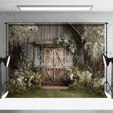 Aperturee - Aperturee Rustic Wooden Barn Door Photography Backdrop with Lush Greenery and White Flowers Enchanting Garden Scene