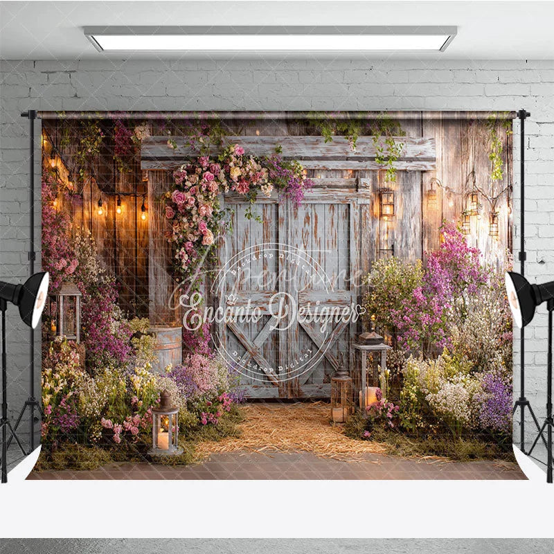 Aperturee - Aperturee Rustic Wooden Barn Door Photography Backdrop with Pink and Purple Floral Arrangements Enchanted Garden String Lights