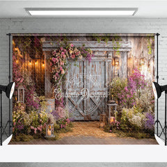 Aperturee - Aperturee Rustic Wooden Barn Door Photography Backdrop with Pink and Purple Floral Arrangements Enchanted Garden String Lights