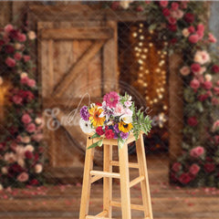Aperturee - Aperturee Rustic Wooden Barn Door Photography Backdrop with Pink and Red Roses Romantic Floral Garland and String Lights
