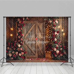 Aperturee - Aperturee Rustic Wooden Barn Door Photography Backdrop with Red and Pink Roses and Warm String Lights for Romantic Valentine’s