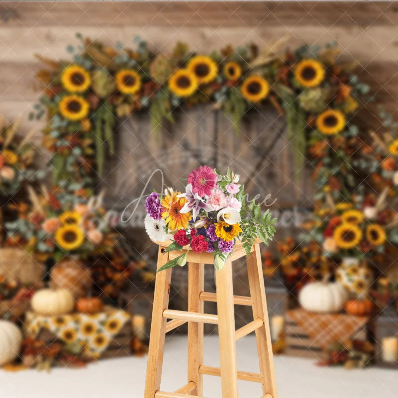 Aperturee - Aperturee Rustic Wooden Barn Door Photography Backdrop with Sunflower Garland Autumn Fall Harvest Decor Pumpkins and Hay Bales