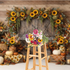 Aperturee - Aperturee Rustic Wooden Barn Door Photography Backdrop with Sunflower Garland Autumn Fall Harvest Decor Pumpkins and Hay Bales
