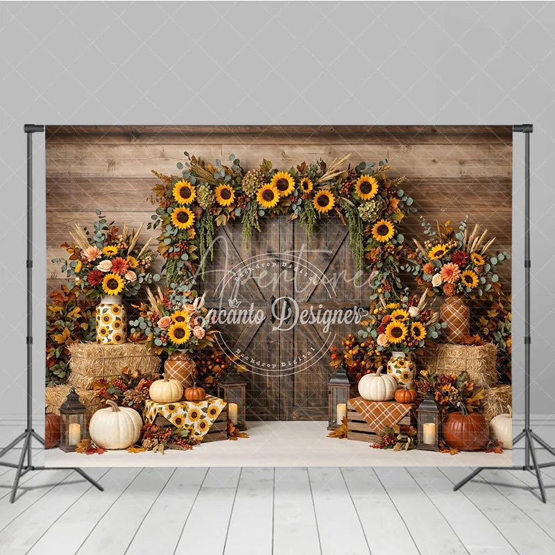 Aperturee - Aperturee Rustic Wooden Barn Door Photography Backdrop with Sunflower Garland Autumn Fall Harvest Decor Pumpkins and Hay Bales