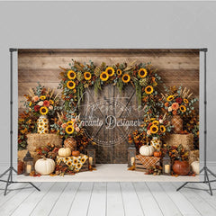 Aperturee - Aperturee Rustic Wooden Barn Door Photography Backdrop with Sunflower Garland Autumn Fall Harvest Decor Pumpkins and Hay Bales
