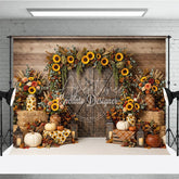 Aperturee - Aperturee Rustic Wooden Barn Door Photography Backdrop with Sunflower Garland Autumn Fall Harvest Decor Pumpkins and Hay Bales