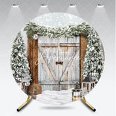 Aperturee - Aperturee Rustic Wooden Barn Door Snowy Christmas Trees and Lanterns Round Backdrop Winter Holiday Festive Photo Decor