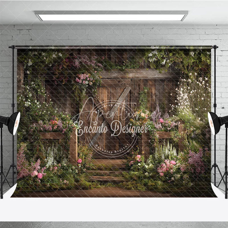 Aperturee - Aperturee Rustic Wooden Barn Door with Lush Floral Garden Photography Backdrop Enchanting Spring or Wedding Decor