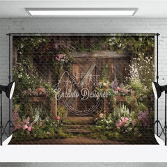 Aperturee - Aperturee Rustic Wooden Barn Door with Lush Floral Garden Photography Backdrop Enchanting Spring or Wedding Decor