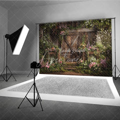 Aperturee - Aperturee Rustic Wooden Barn Door with Lush Floral Garden Photography Backdrop Enchanting Spring or Wedding Decor