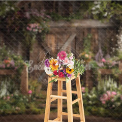 Aperturee - Aperturee Rustic Wooden Barn Door with Lush Floral Garden Photography Backdrop Enchanting Spring or Wedding Decor