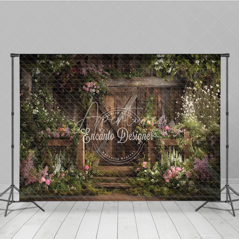Aperturee - Aperturee Rustic Wooden Barn Door with Lush Floral Garden Photography Backdrop Enchanting Spring or Wedding Decor