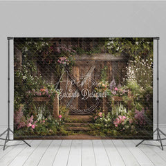 Aperturee - Aperturee Rustic Wooden Barn Door with Lush Floral Garden Photography Backdrop Enchanting Spring or Wedding Decor