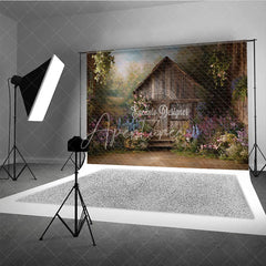Aperturee - Aperturee Rustic Wooden Barn Photography Backdrop with Colorful Wildflowers Enchanting Spring Garden Scene for Photoshoots