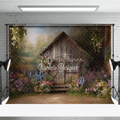 Aperturee - Aperturee Rustic Wooden Barn Photography Backdrop with Colorful Wildflowers Enchanting Spring Garden Scene for Photoshoots