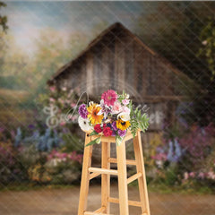 Aperturee - Aperturee Rustic Wooden Barn Photography Backdrop with Colorful Wildflowers Enchanting Spring Garden Scene for Photoshoots