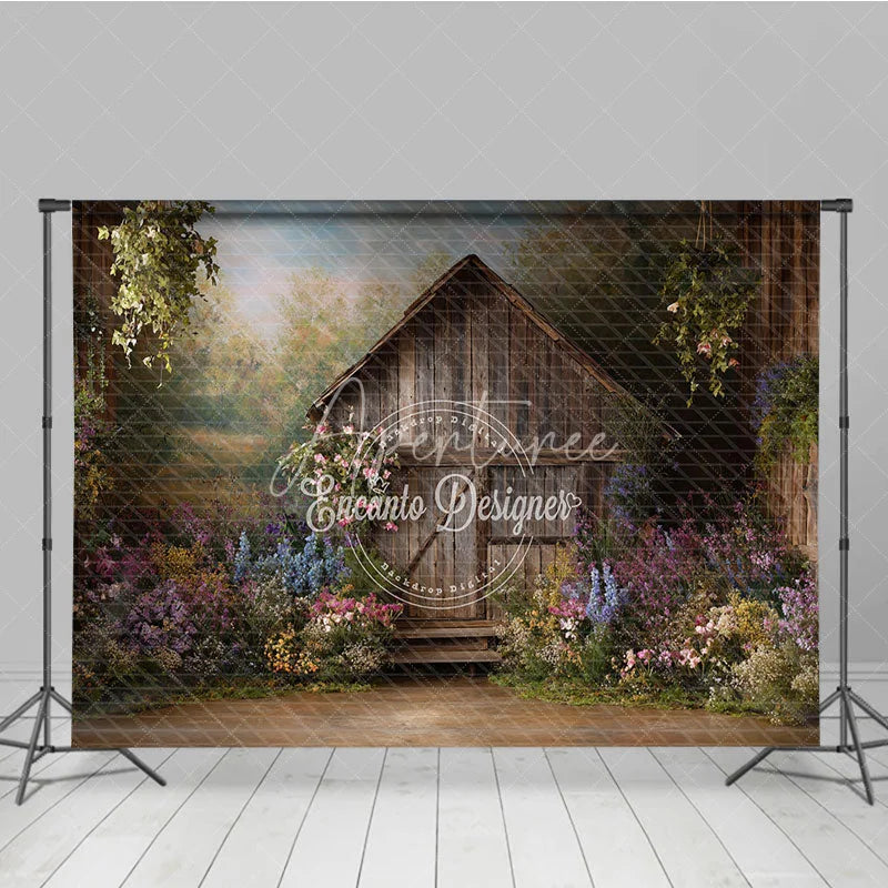Aperturee - Aperturee Rustic Wooden Barn Photography Backdrop with Colorful Wildflowers Enchanting Spring Garden Scene for Photoshoots