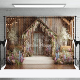 Aperturee - Aperturee Rustic Wooden Barn Photography Backdrop with Enchanted Floral Arch and String Lights Spring Garden Party Decor