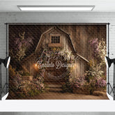 Aperturee - Aperturee Rustic Wooden Barn Photography Backdrop with Floral Arch and Warm Lanterns Enchanting Spring Celebration Decor