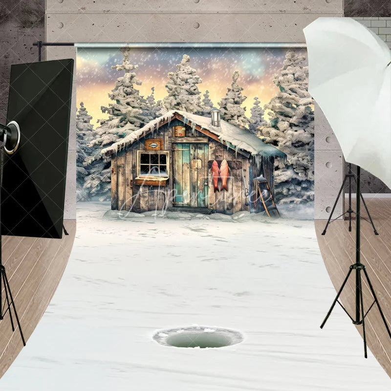 Aperturee - Aperturee Rustic Wooden Cabin and Snowy Pine Trees Sweep Backdrop Winter Ice Fishing Scene Photography Prop