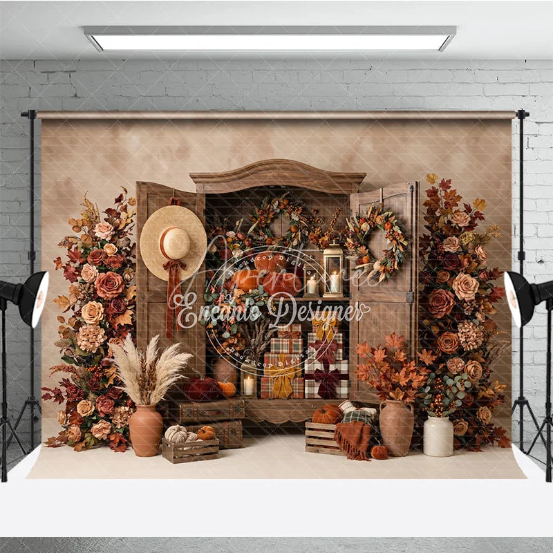 Aperturee - Aperturee Rustic Wooden Cabinet Autumn Photography Backdrop with Pumpkins Fall Foliage and Wreaths Cozy Harvest Theme